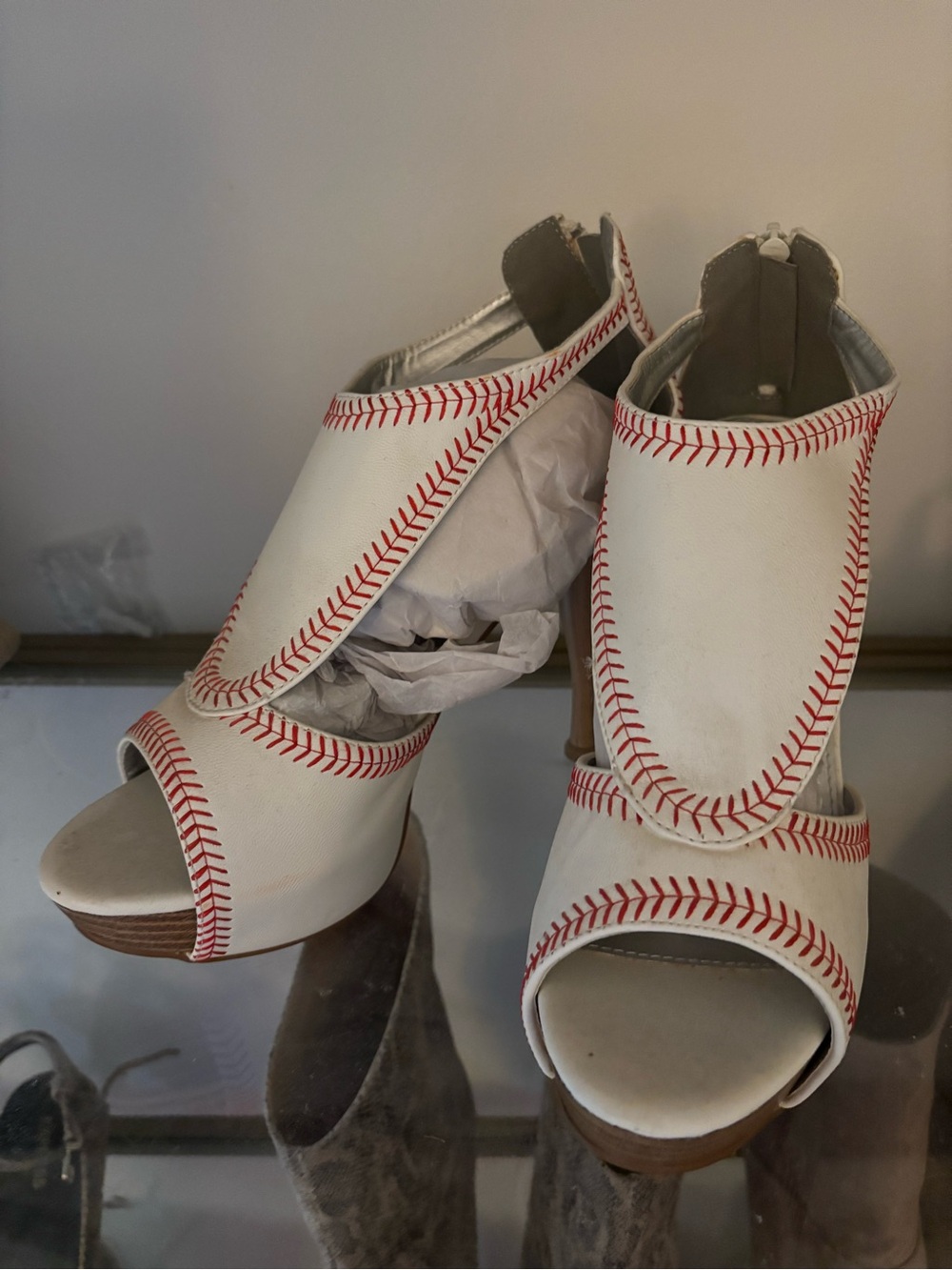 White Baseball-Stitch Peep-Toe Heels